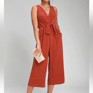 Lulu’s Minette Rust Red Tie-Front Wide-Leg Jumpsuit Size Small Womens Pockets